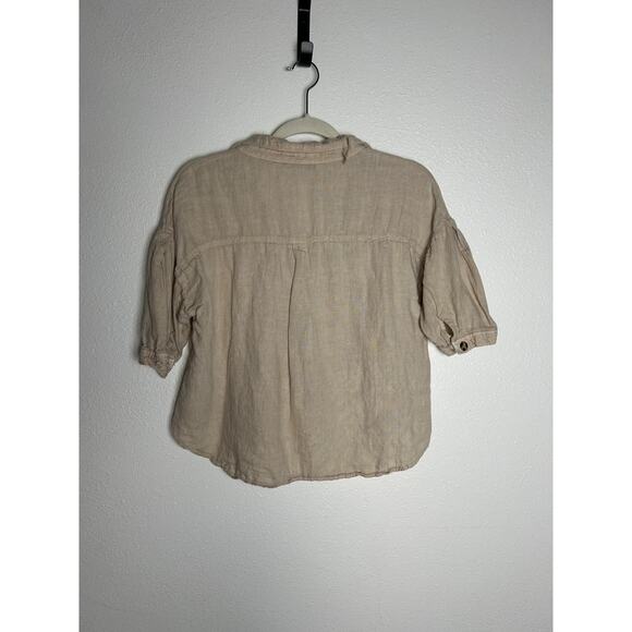 ZARA Tan Short Sleeve Linen Button Down Oversized Crop Top Size S - Picture 4 of 5